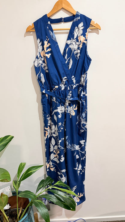 White Closet Blue Floral Wrap Jumpsuit Size 10