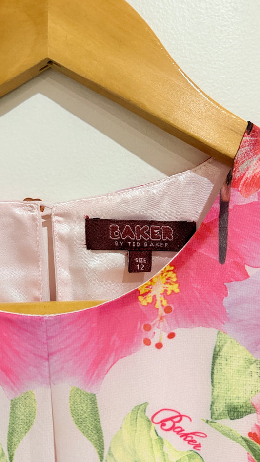 Baker by Ted Baker Pink Floral Chiffon Swing Dress Size 12