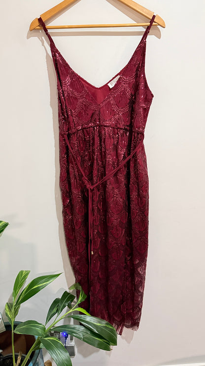 Pia Burgundy Sequin Strappy Midi Dress Size S
