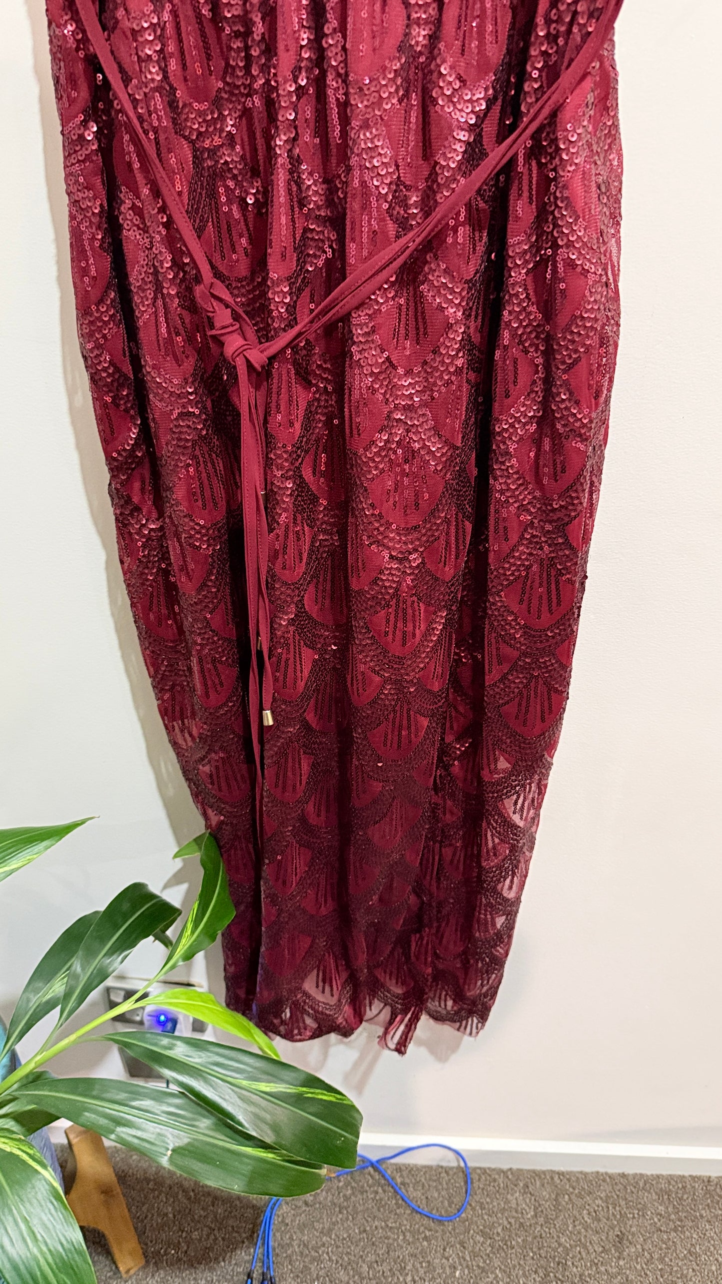 Pia Burgundy Sequin Strappy Midi Dress Size S