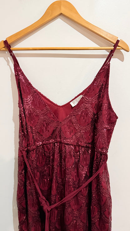 Pia Burgundy Sequin Strappy Midi Dress Size S