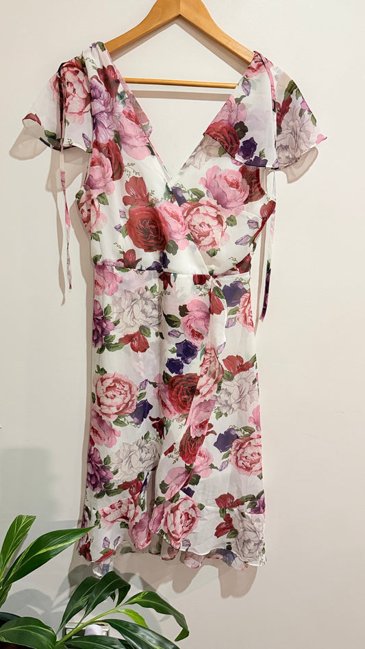 Pagani White Floral Flutter Sleeve Wrap Dress Size 10