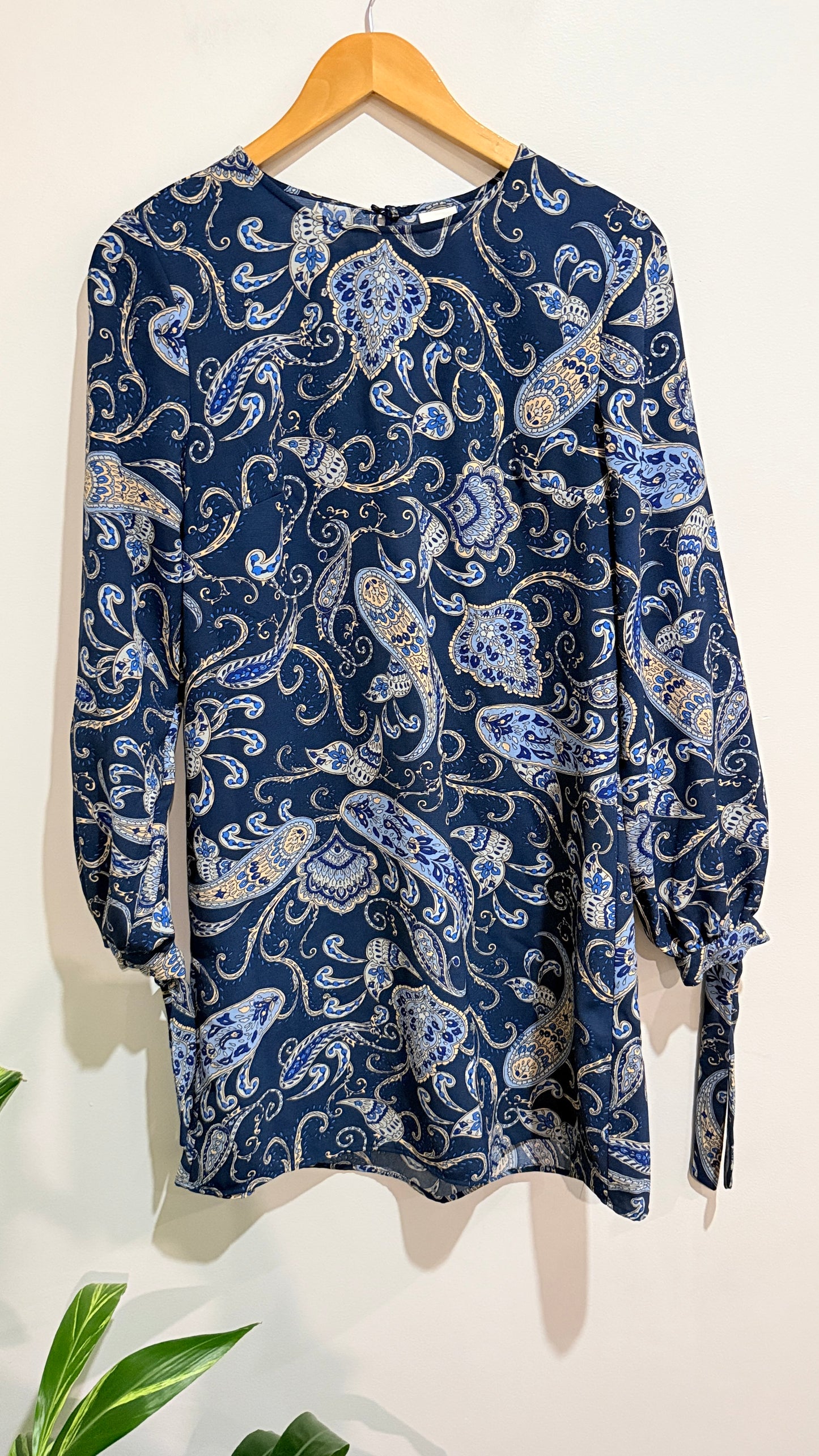 H&M Blue Paisley Print Long Sleeve Smock Dress Size 12