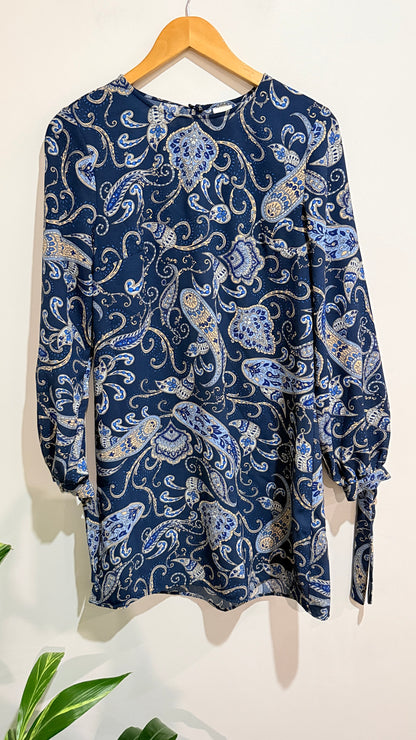 H&M Blue Paisley Print Long Sleeve Smock Dress Size 12