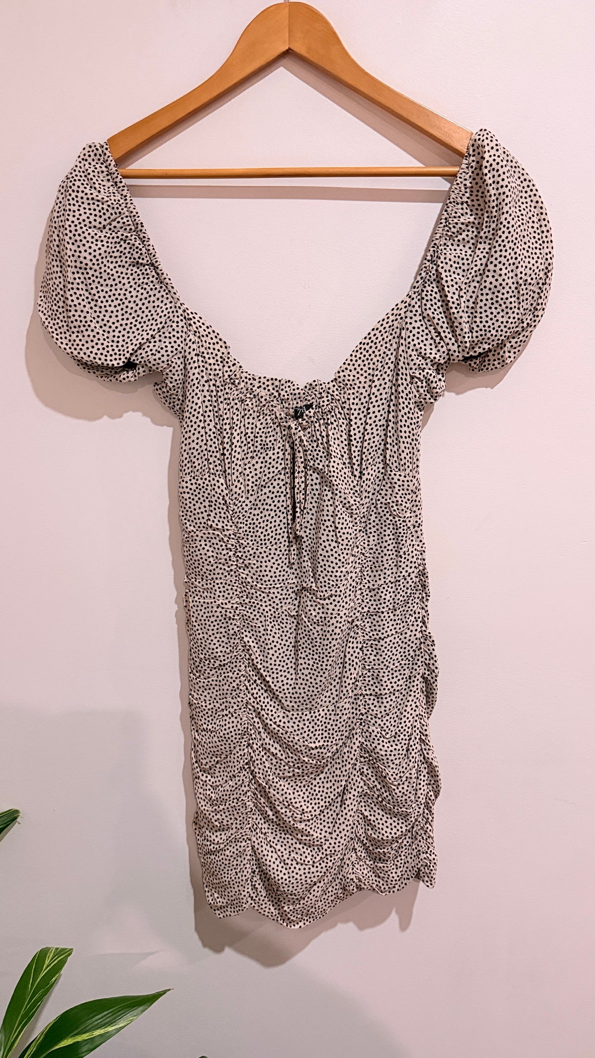 Zara Cream & Black Spot Ruched Puff Sleeve Mini Dress Size M