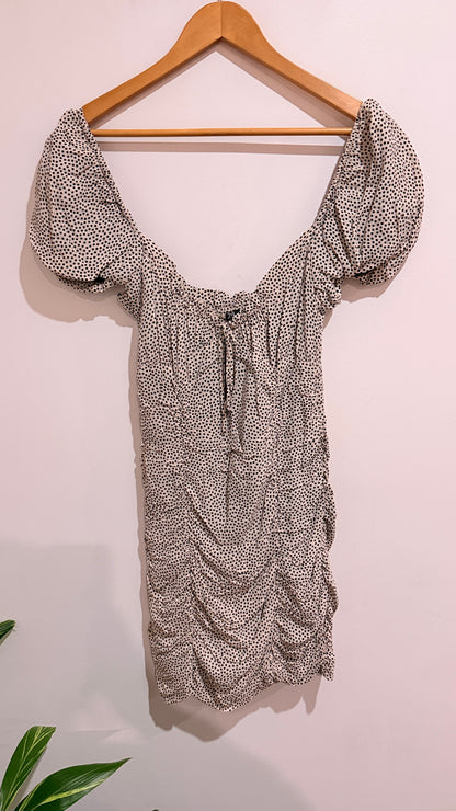 Zara Cream & Black Spot Ruched Puff Sleeve Mini Dress Size M