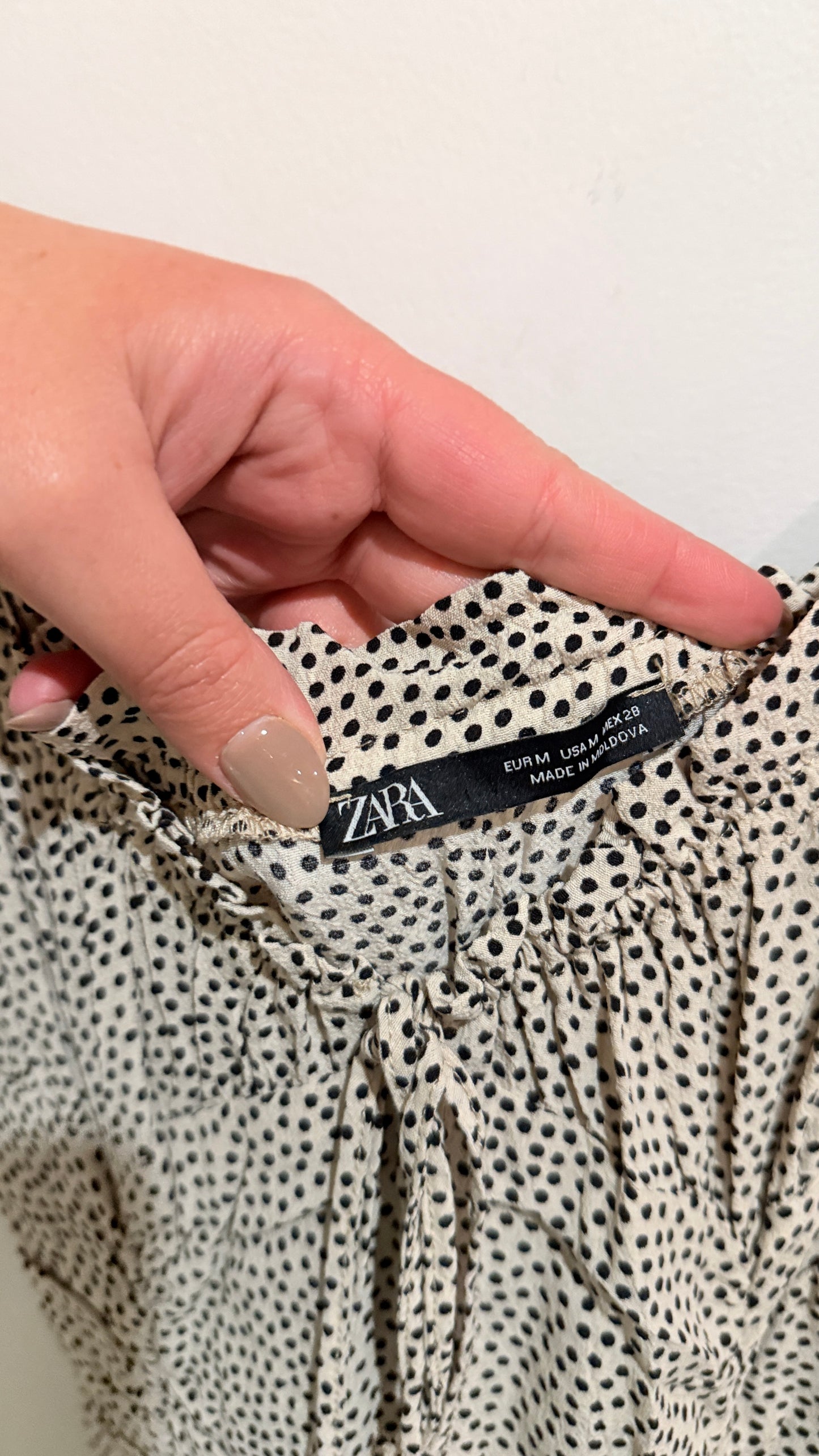 Zara Cream & Black Spot Ruched Puff Sleeve Mini Dress Size M