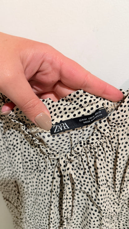 Zara Cream & Black Spot Ruched Puff Sleeve Mini Dress Size M