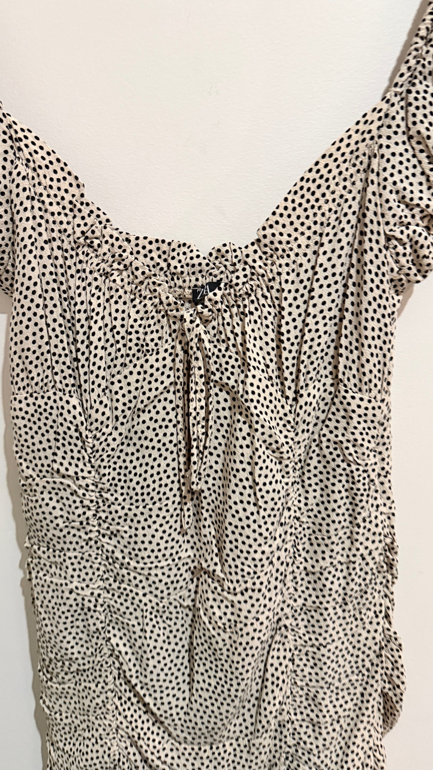 Zara Cream & Black Spot Ruched Puff Sleeve Mini Dress Size M