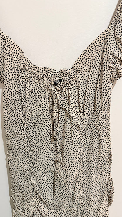 Zara Cream & Black Spot Ruched Puff Sleeve Mini Dress Size M