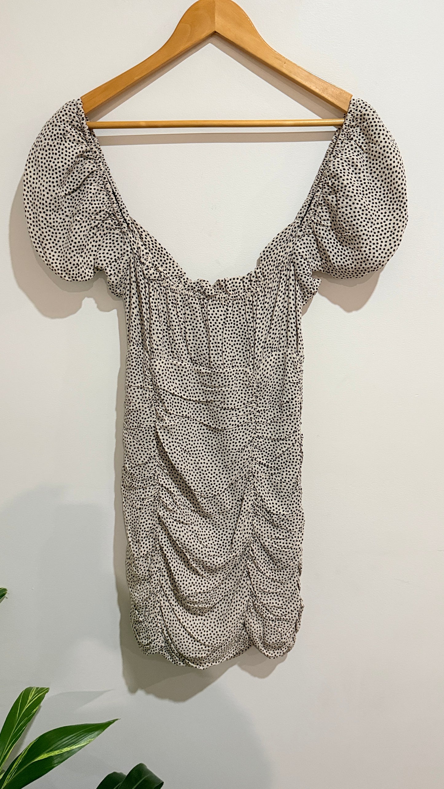 Zara Cream & Black Spot Ruched Puff Sleeve Mini Dress Size M