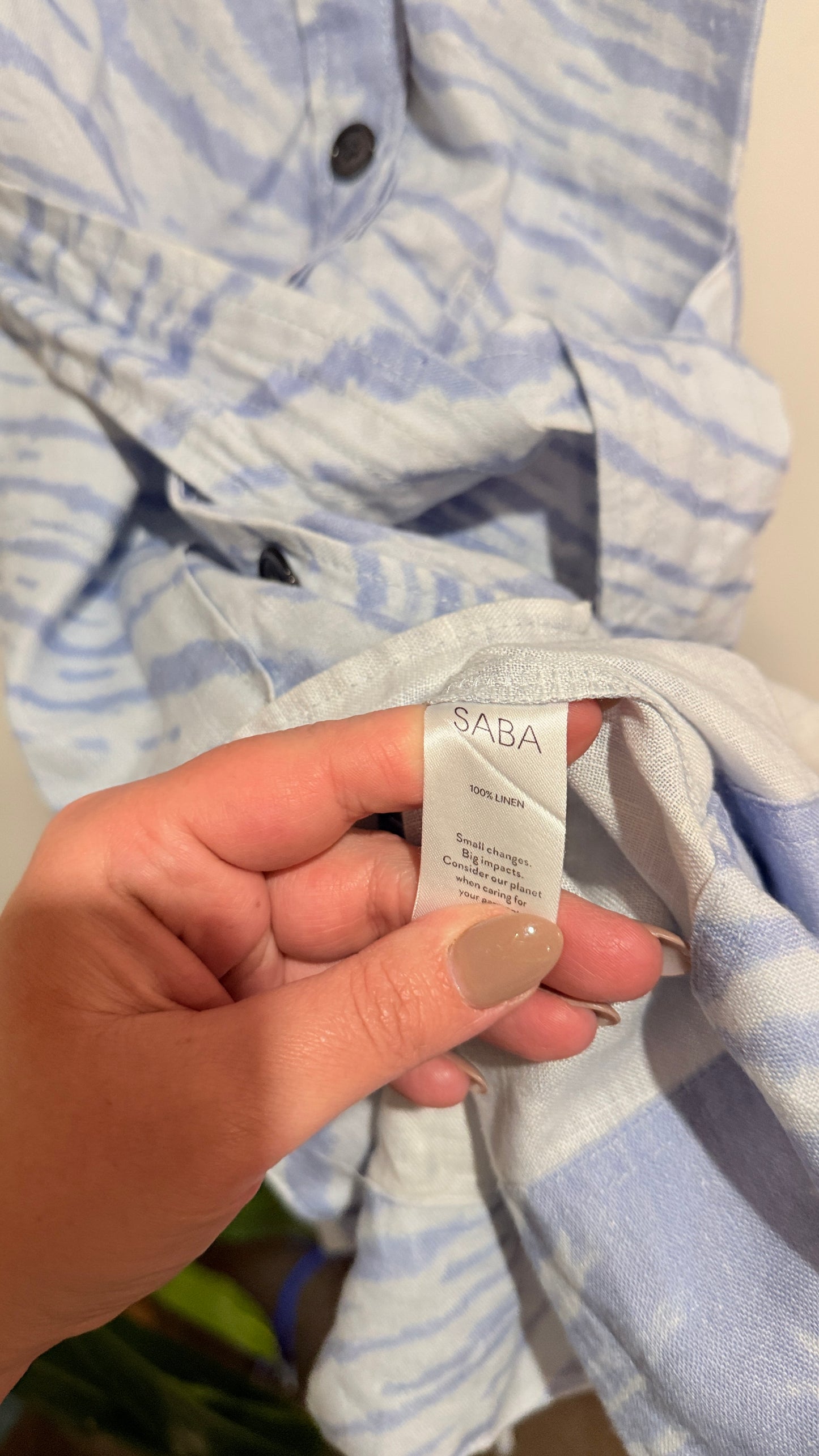 S/B/ by Saba Blue & White Print Linen Shirt Dress Size 12