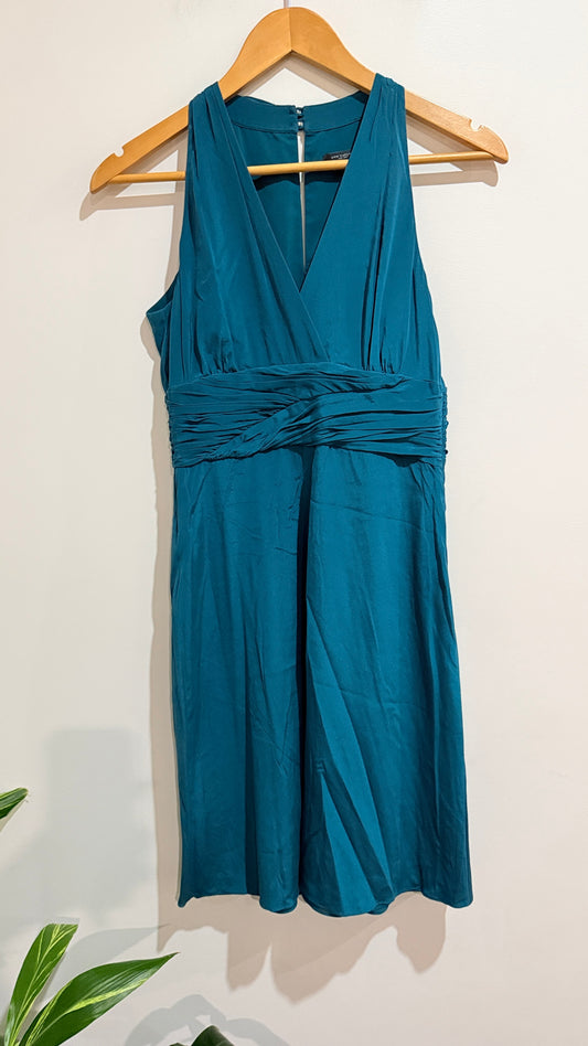 Ann Taylor Teal Silk Ruched Sleeveless Dress Size 2 - 39cm u/arm