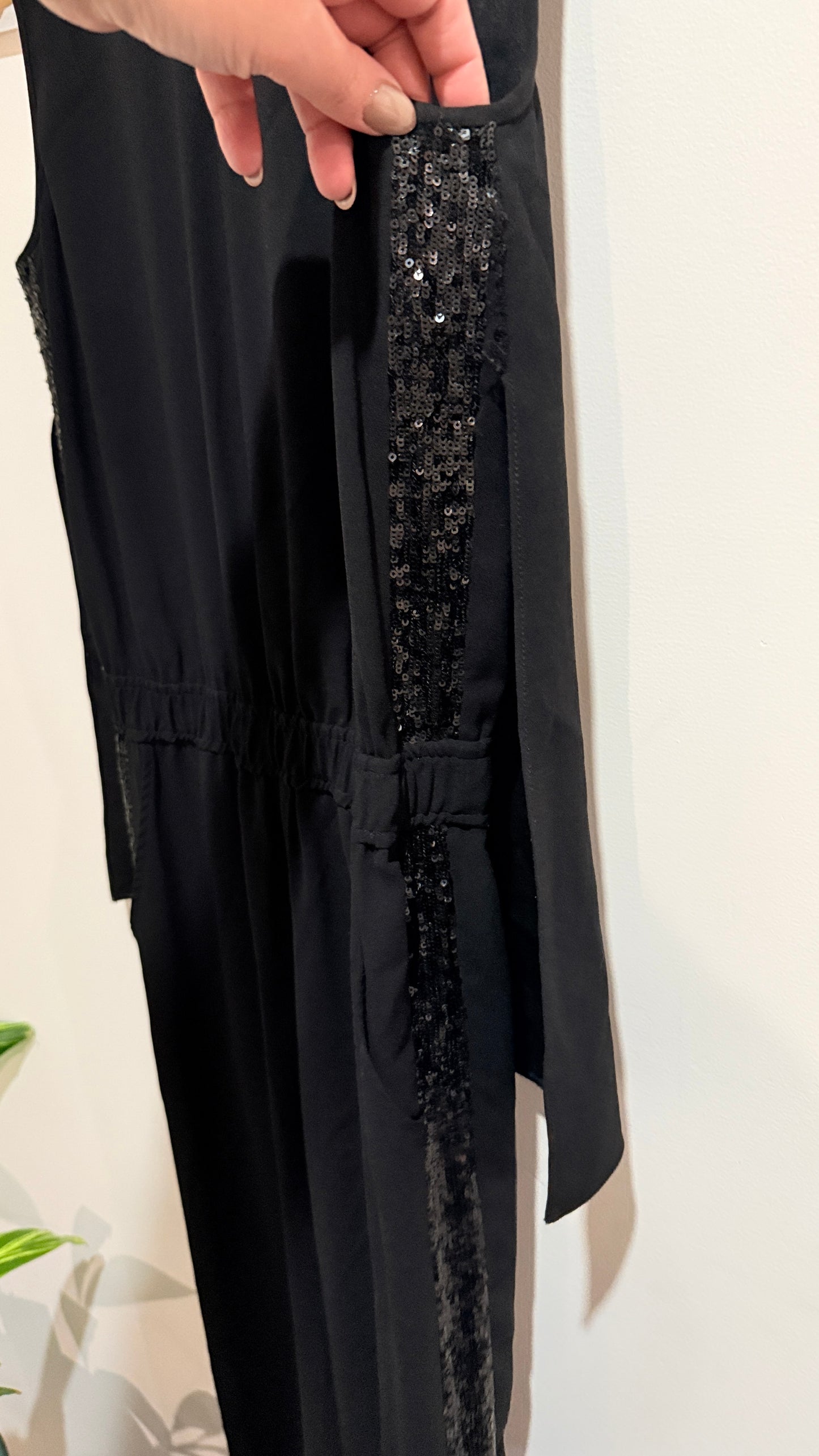 BCBGMaxazria Black Beaded Panel Sleeveless Jumpsuit Size XS