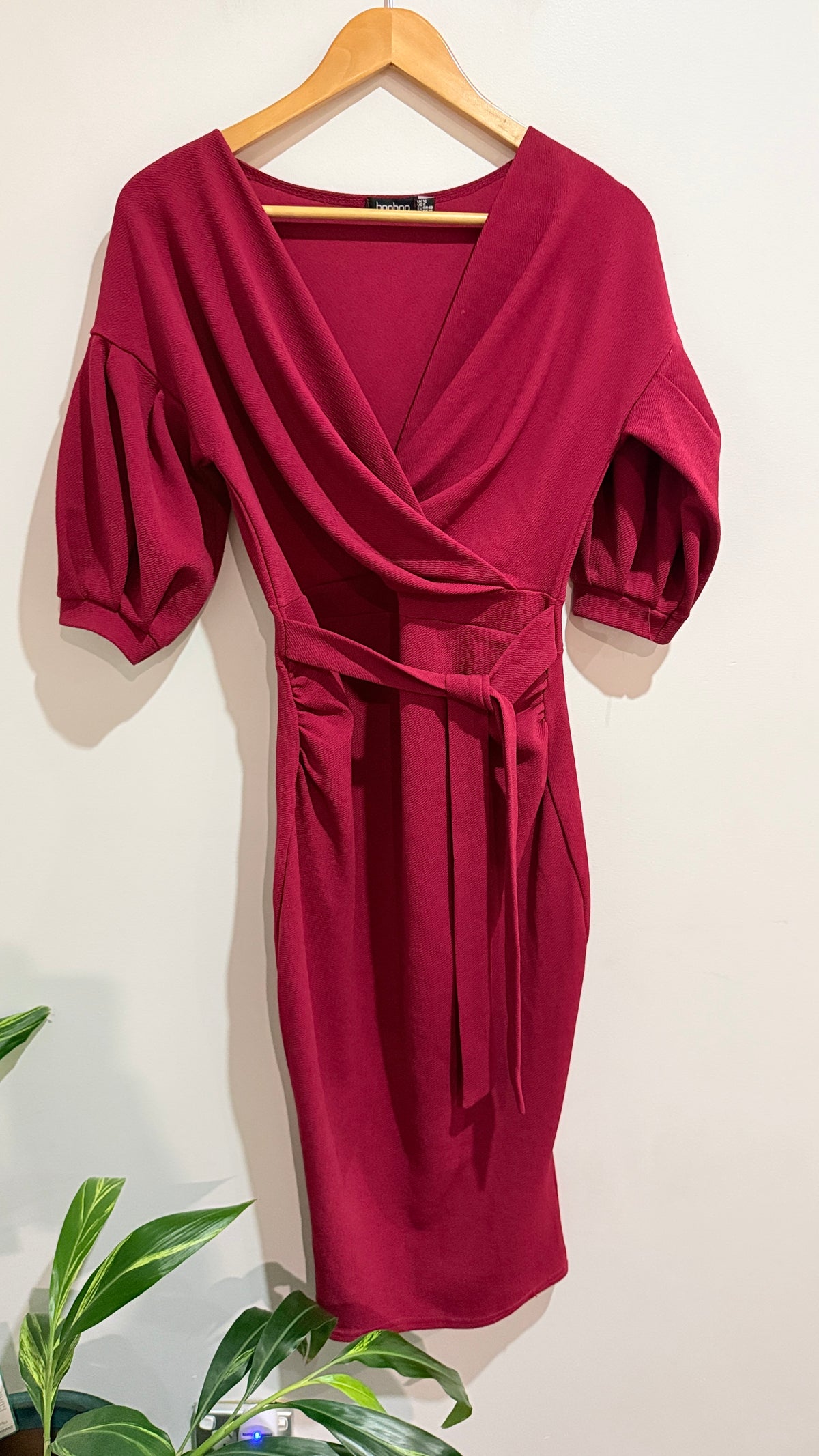 Boohoo Burgundy Ruched Sleeve Wrap Dress Size 12