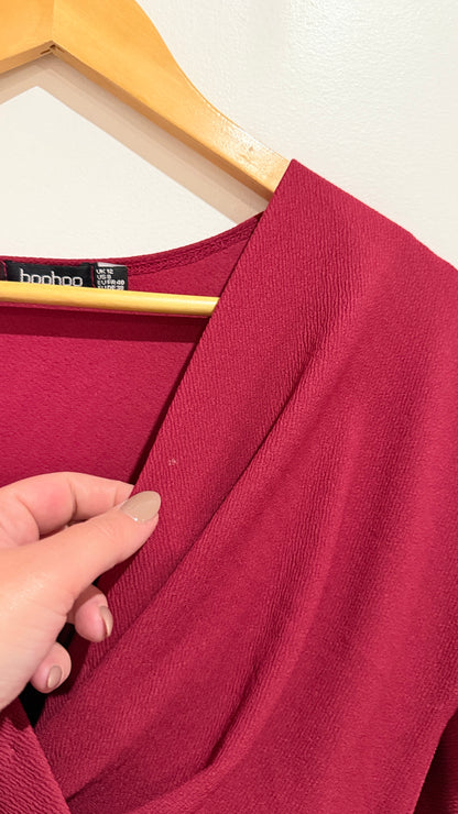 Boohoo Burgundy Ruched Sleeve Wrap Dress Size 12