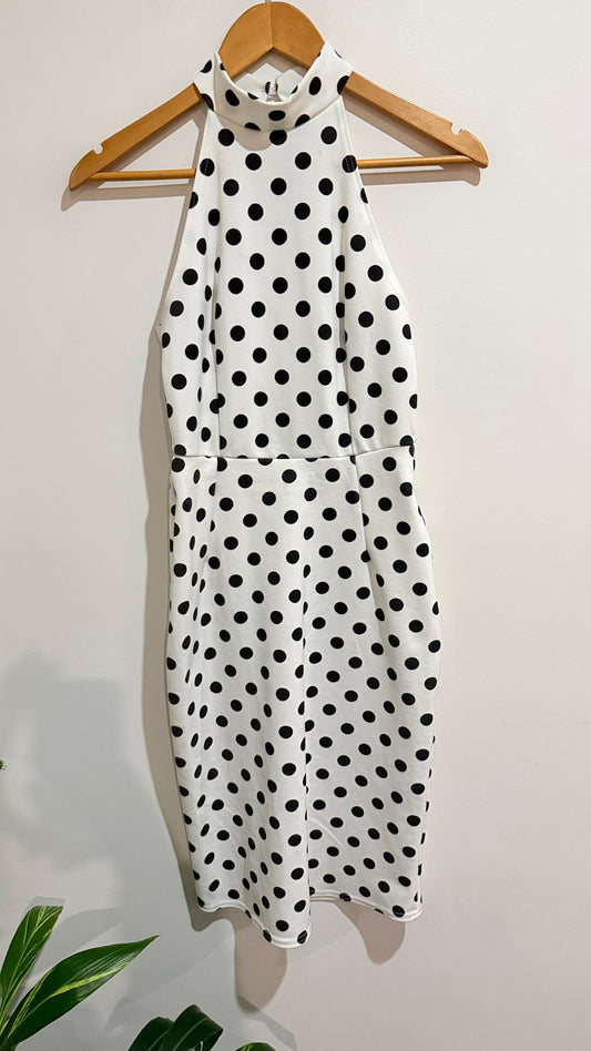 Boohoo Night White & Black Polka Dot High Neck Dress Size 10