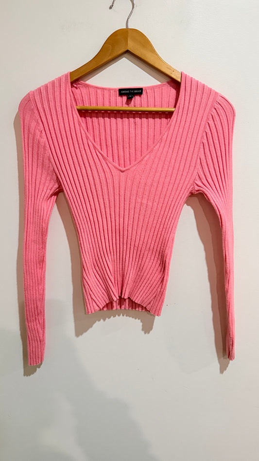 Among The Brave Pink Ribbed V Neck Knit Top Size 8