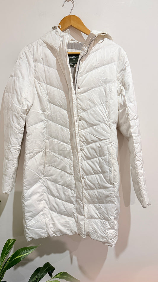 Eddie Bauer White Longline Hooded Down Coat Size S