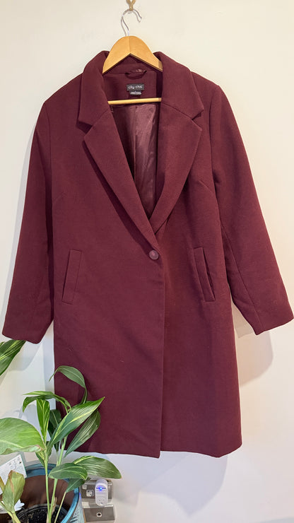 City Chic Burgundy Longline Coat Size L(20)