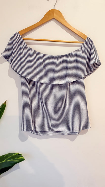 Mirrou Navy Striped Off Shoulder Top Size L