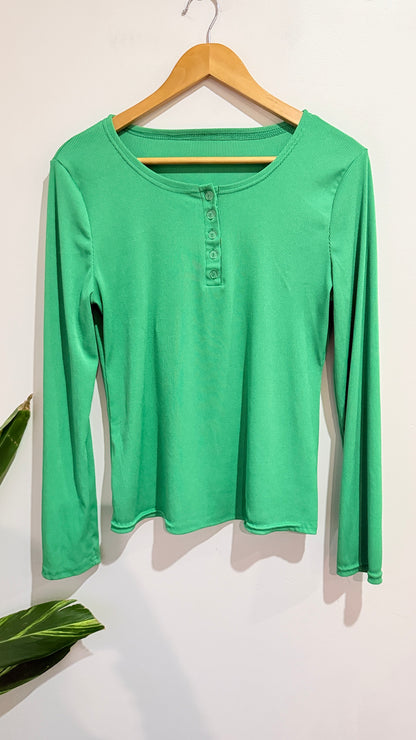 Green Ribbed Long Sleeve Henley Top Size XL