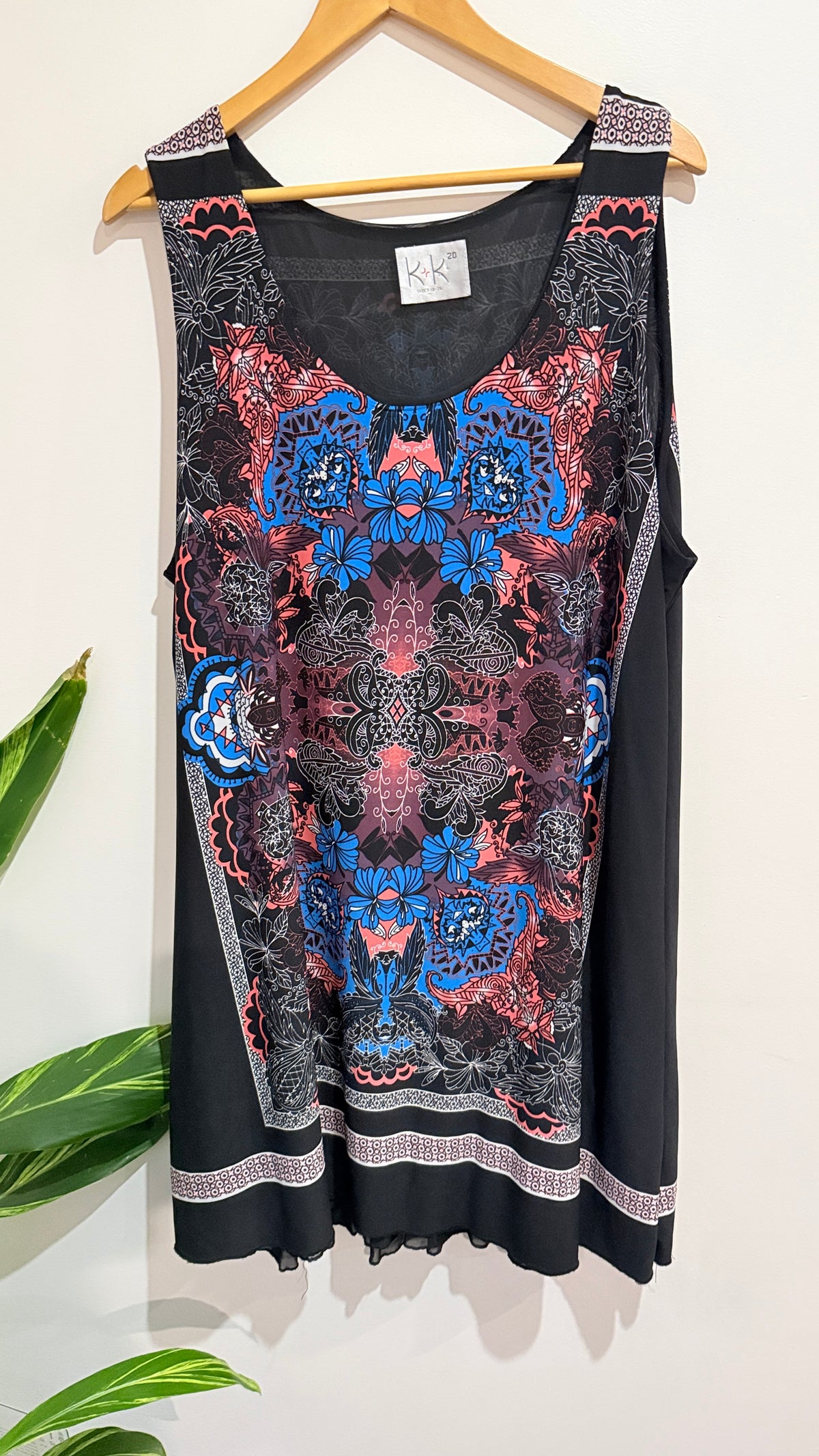 K+K Black Multicolour Print Sleeveless Tunic Size 20