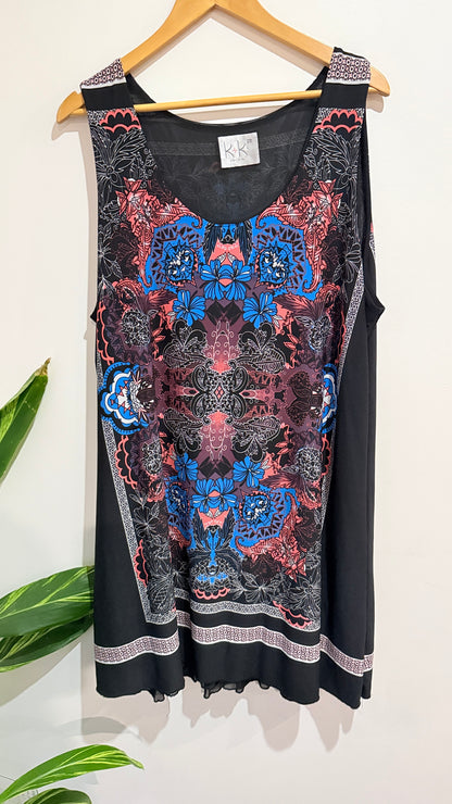 K+K Black Multicolour Print Sleeveless Tunic Size 20