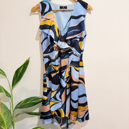 Amaya Blue Print Sleeveless Ruched Dress Size 10