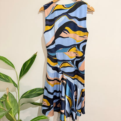 Amaya Blue Print Sleeveless Ruched Dress Size 10
