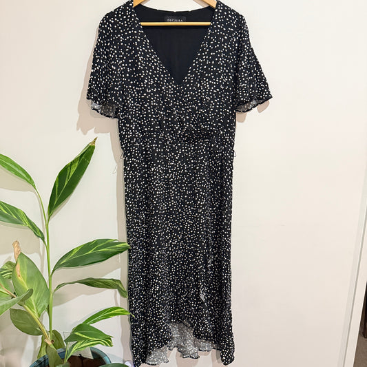 Decjuba Black White Spot Print Wrap Midi Dress Size 14