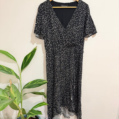 Decjuba Black White Spot Print Wrap Midi Dress Size 14