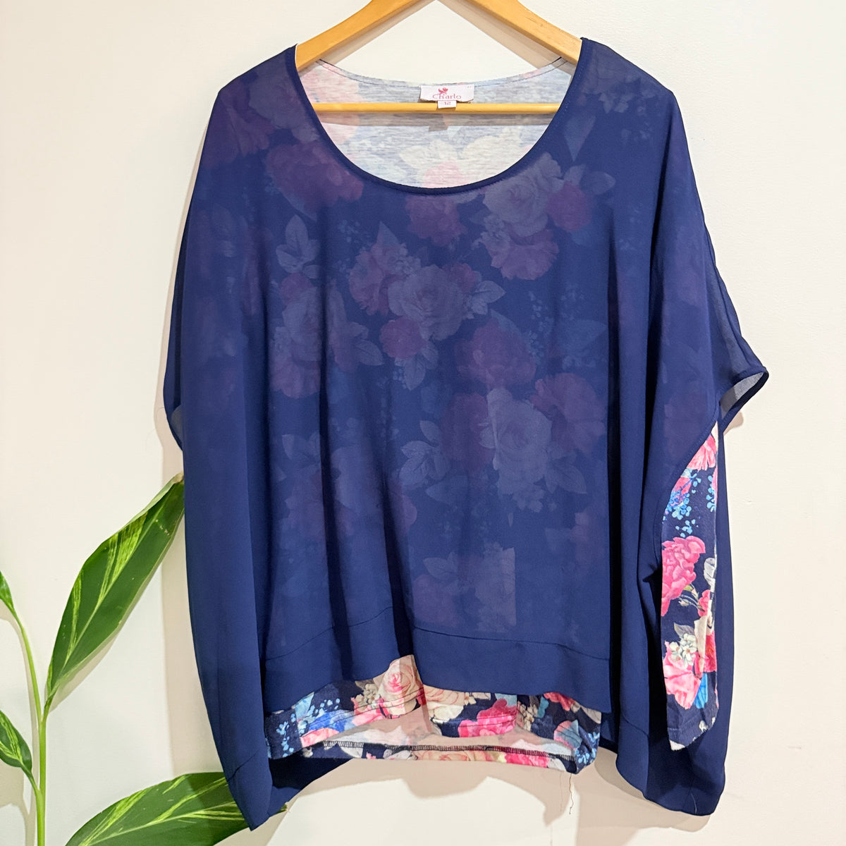 Charlo Navy Sheer Floral Panel Top Size 12