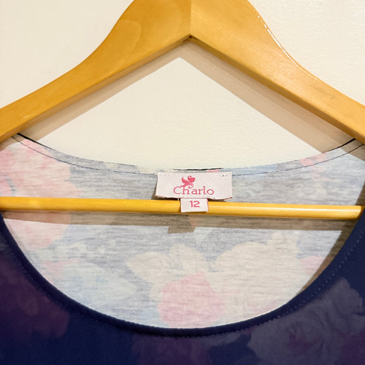 Charlo Navy Sheer Floral Panel Top Size 12