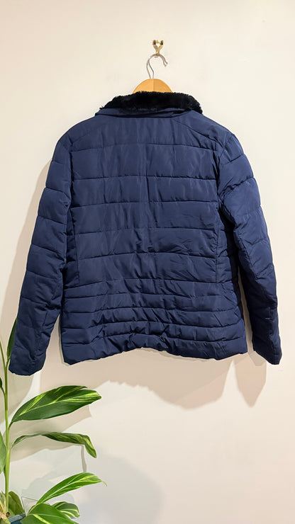Emerge Navy Quilted Faux Fur Collar Jacket Size 16