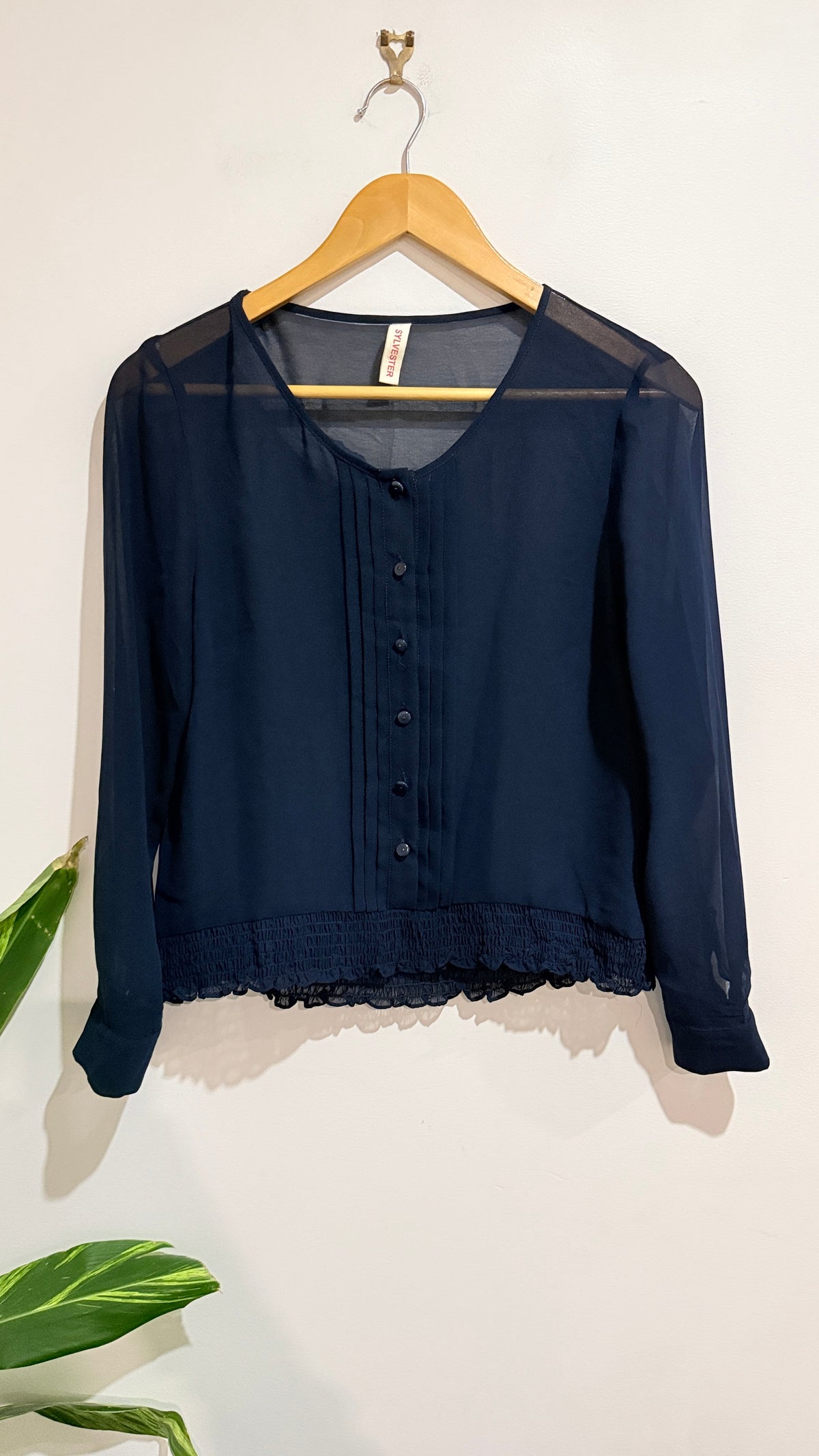 Sylvester Navy Sheer Lace Trim Blouse Size S