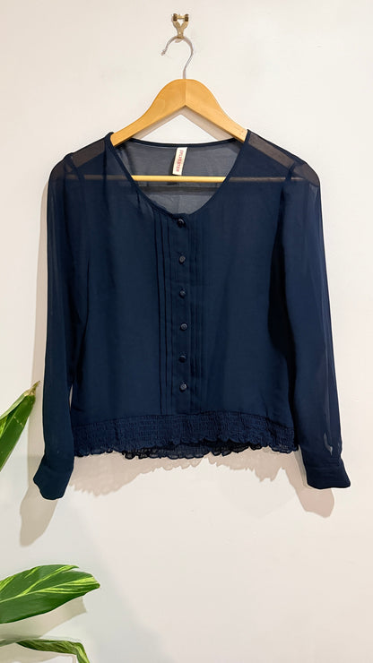 Sylvester Navy Sheer Lace Trim Blouse Size S