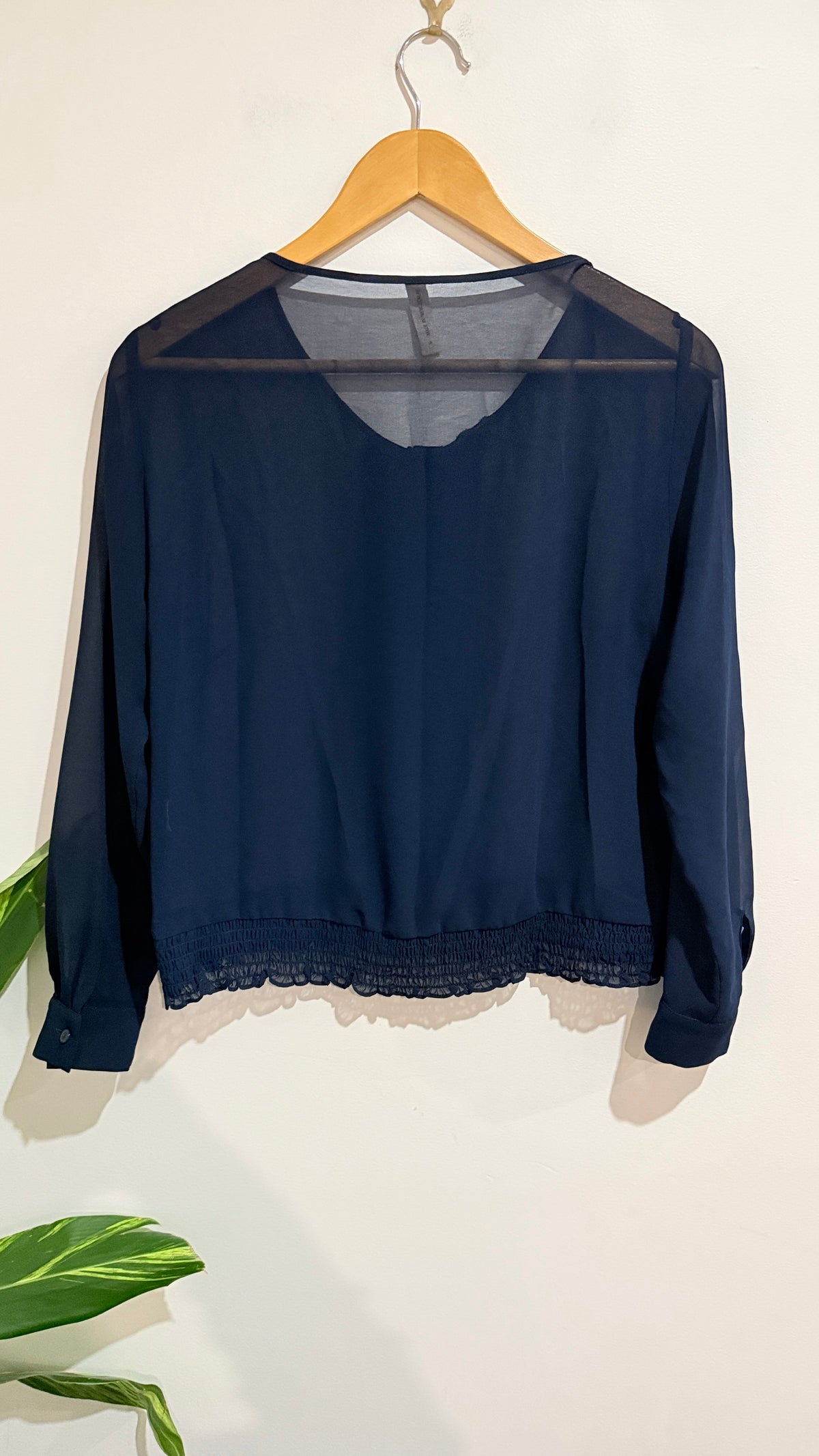 Sylvester Navy Sheer Lace Trim Blouse Size S