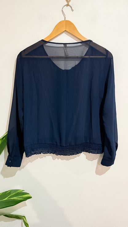 Sylvester Navy Sheer Lace Trim Blouse Size S