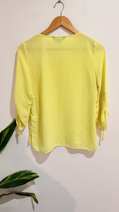 Oliver Black Yellow V-Neck Tie Sleeve Blouse Size 10