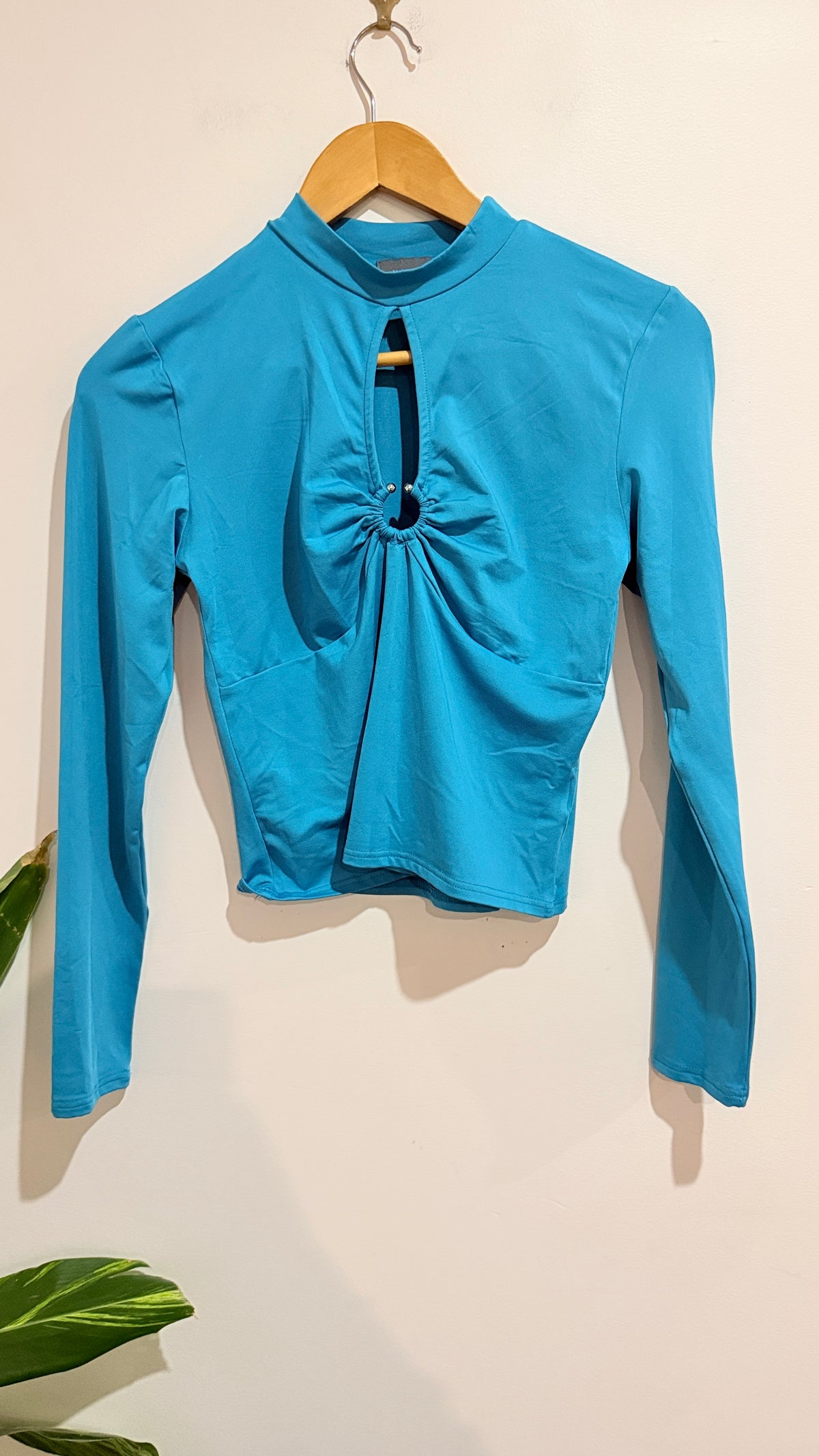 Mirrou Teal High Neck Ruched Long Sleeve Top Size M