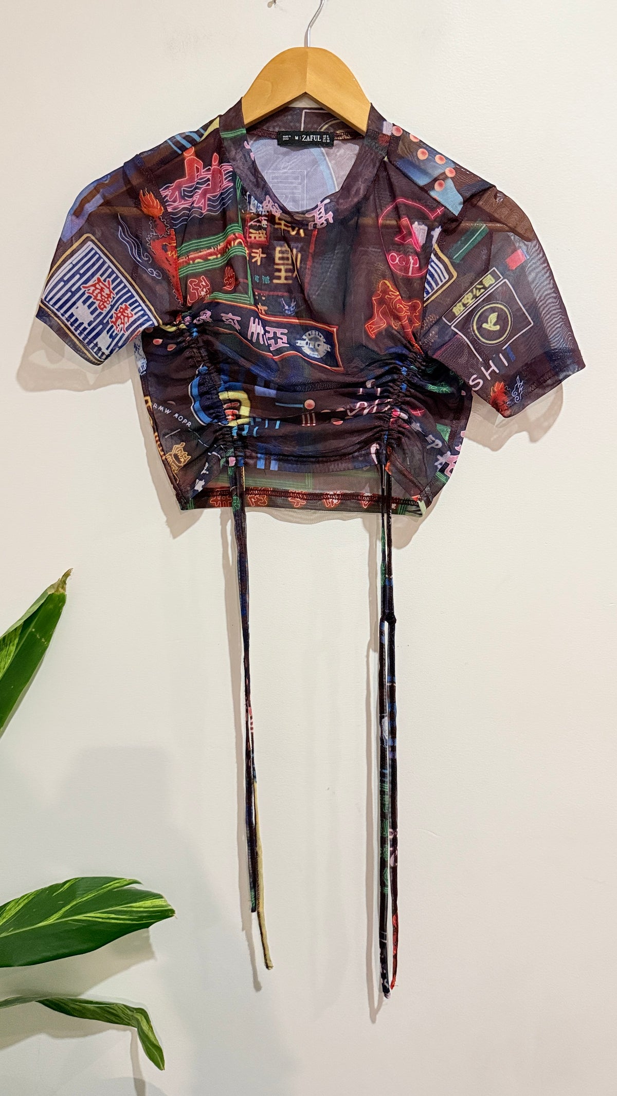 Zaful Printed Mesh Tie Front Crop Top Size M