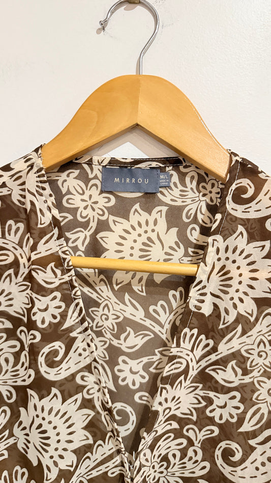 Mirrou Brown Paisley Print Tie Front Blouse Size M/L