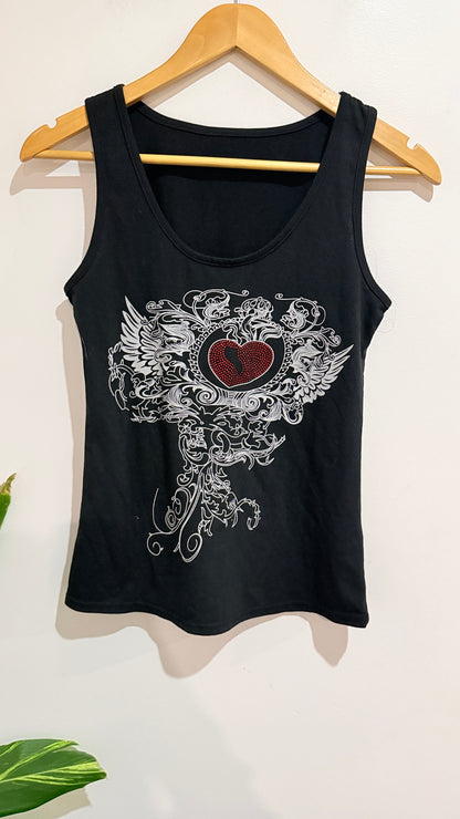 Romwe Black Winged Heart Print Tank Top Size S