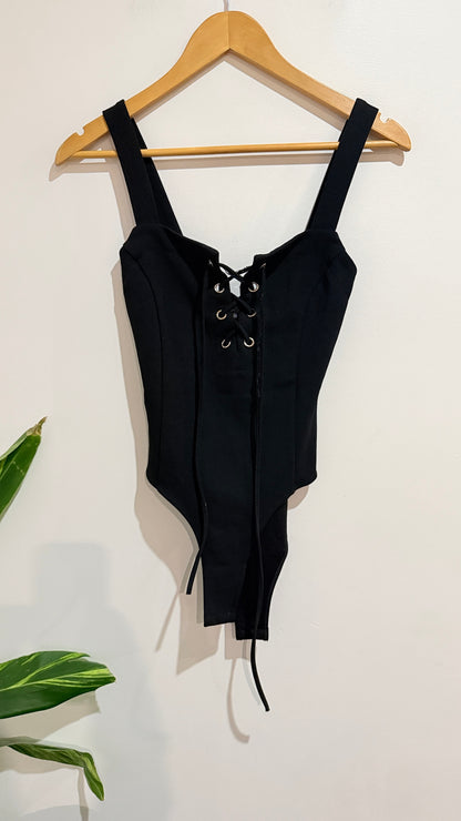 Mirrou Black Lace Up Front Bodysuit Size M