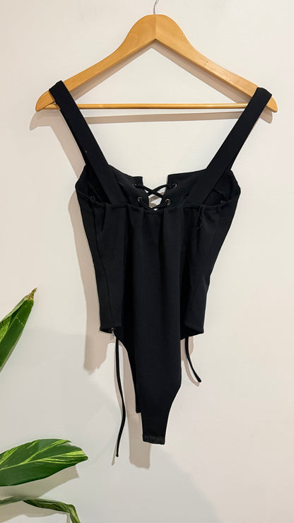Mirrou Black Lace Up Front Bodysuit Size M