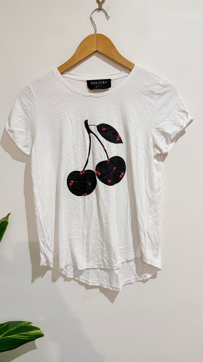 Decjuba White Cherry Print T-Shirt Size S
