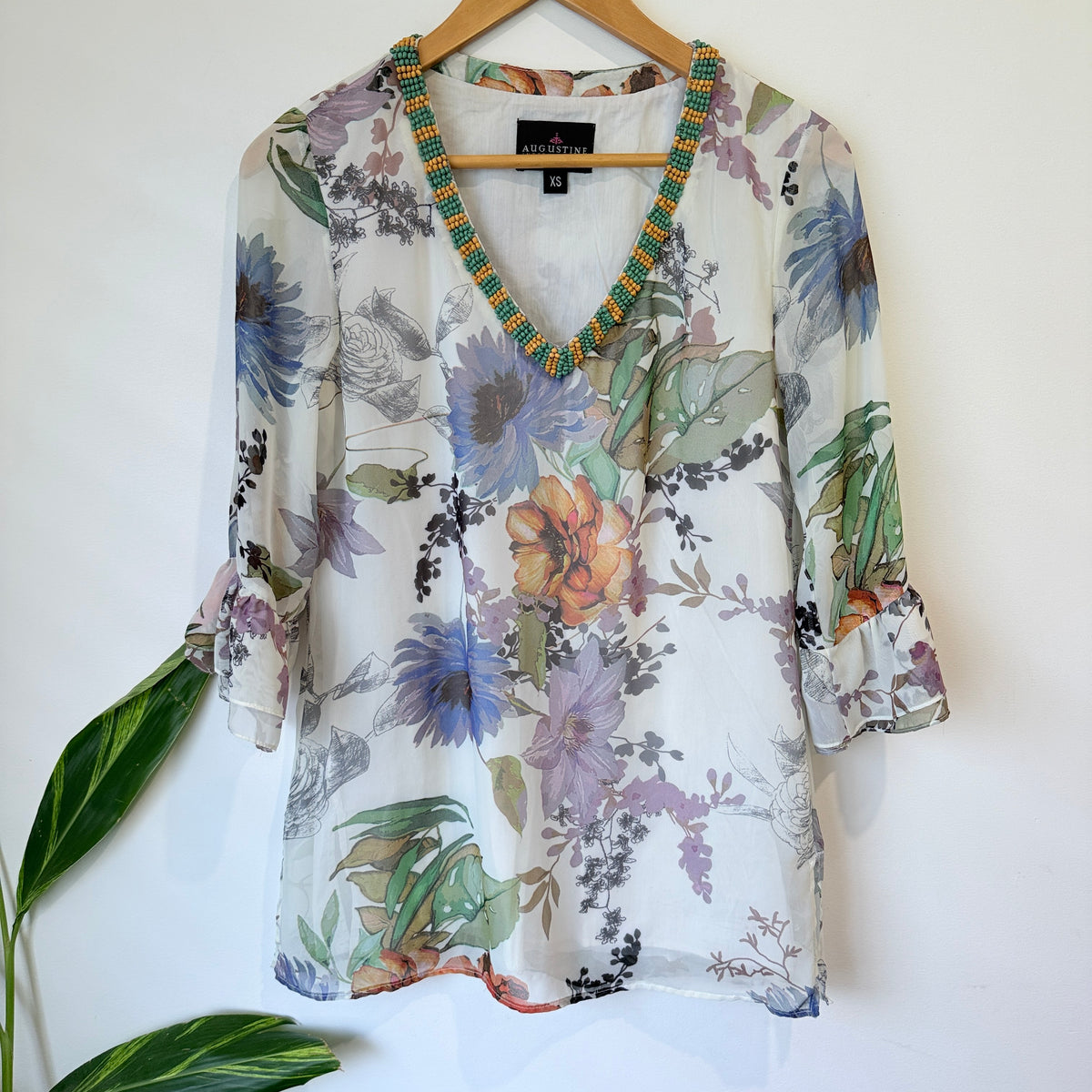 Augustine Floral Print Beaded Neck Tunic Dress Size XS