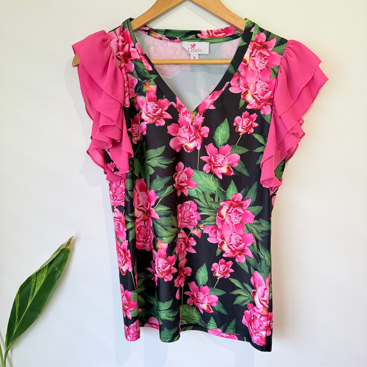 Charlo Black and Pink Floral Frill Sleeve Top Size 8