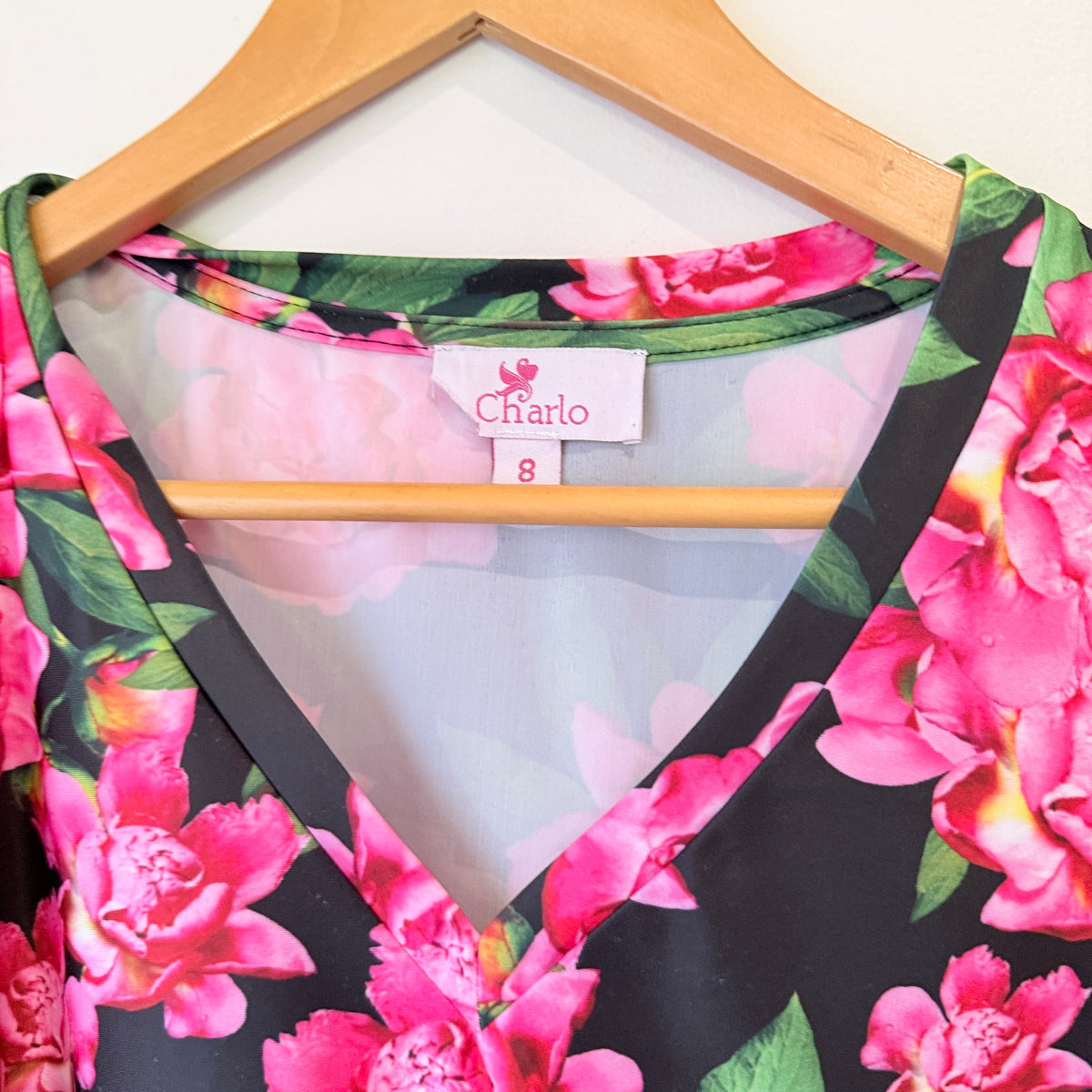 Charlo Black and Pink Floral Frill Sleeve Top Size 8